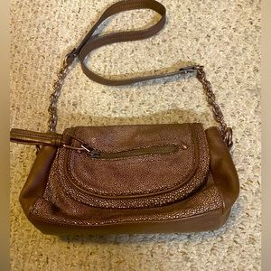 B Makowsky leather and fabric crossbody purse